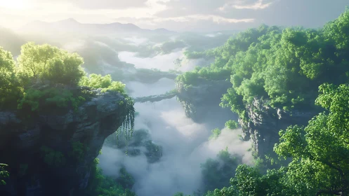 Rendered mountain gorge with dense foliage and cloud layer