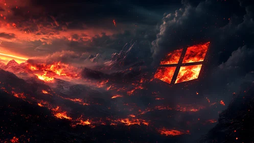 Apocalyptic Landscape with Burning Cross in Fiery Sky