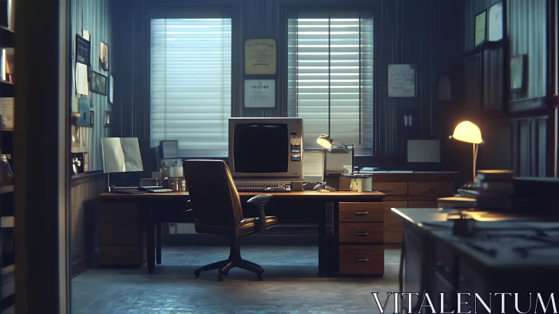 Retro computer detective den glowing in quiet amber hush.