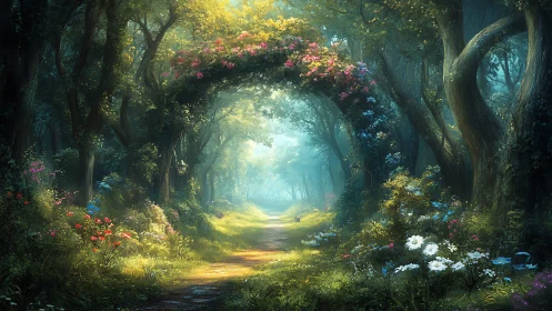 Luminous Forest Path with Flowering Archway.