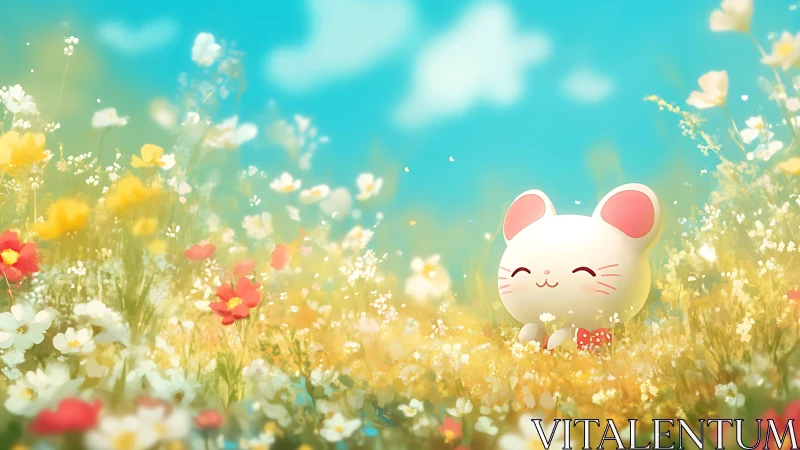 Sunny meadow mouse smiles softly amid dreamy spring blooms