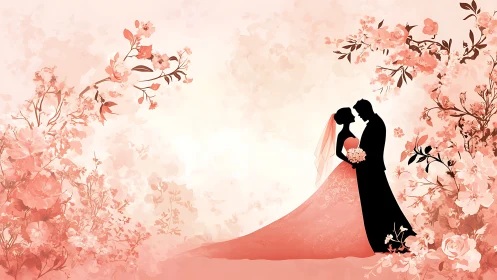 Silhouetted Bride and Groom with Floral Garden Setting.