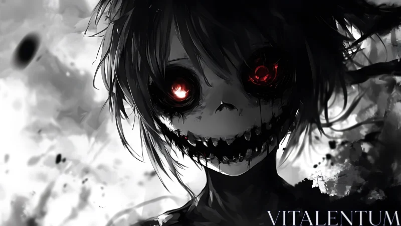 Monochrome demonic figure with glowing red eyes and grin.