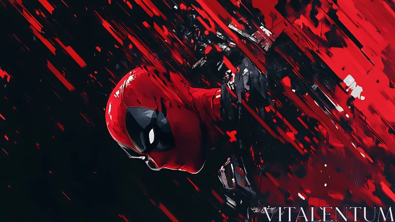 Red masked character in fragmented digital abstraction.