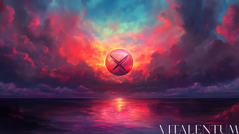 Celestial orb cuts neon sunset over mirrored ocean horizon.