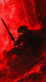 Armored dark knight silhouettes against infernal scarlet vortex