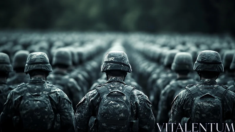 Large formation of soldiers standing in uniform rows outdoors