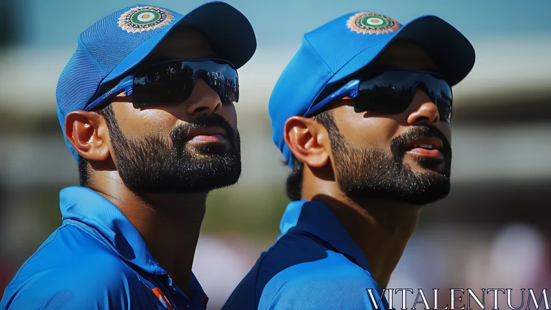 Cricket teammates gaze skyward in focused match moment