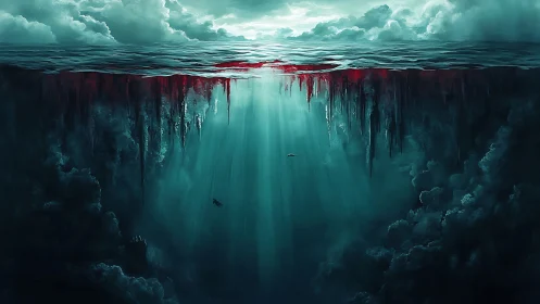 Dramatic ocean abyss with blood red surface fracture.
