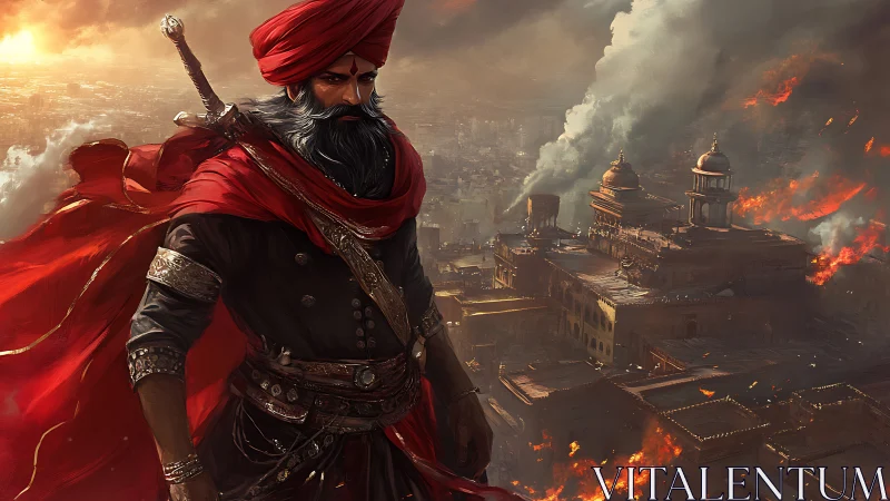 Warrior in red turban surveys burning ancient cityscape.