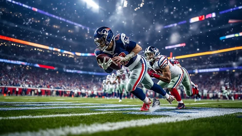 Diving football player stretches for dramatic end zone score.