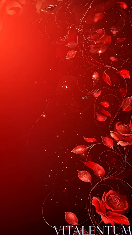 Luminous Red Roses and Botanical Swirls in Dark Gradient.