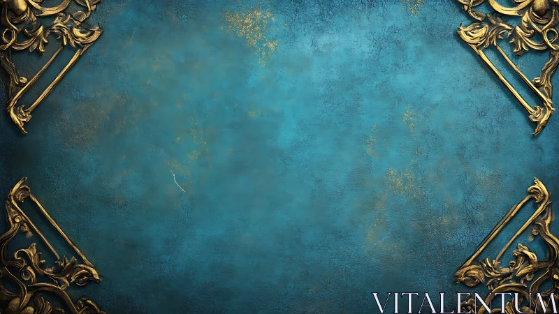 Ornate gold corners frame distressed teal background texture.