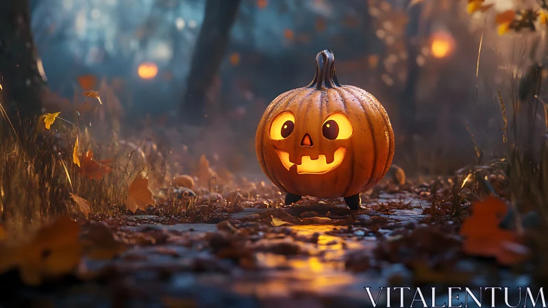 Carved pumpkin lantern stands on forest path at dusk