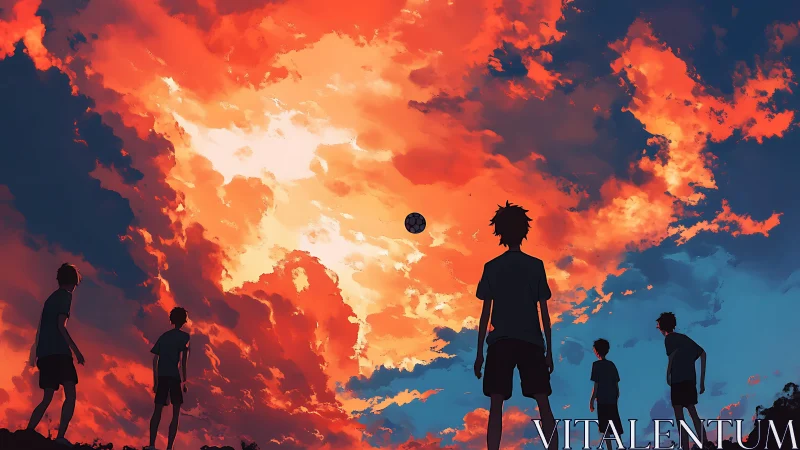 Sunset soccer silhouettes under blazing anime sky.