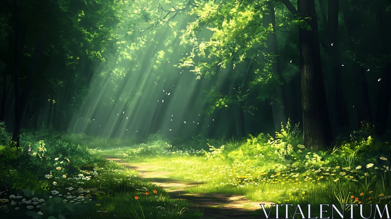Sunlit forest path with wildflowers in dreamy, painterly style.