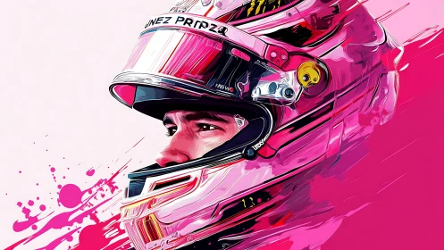 Racing driver portrait in dynamic pink vector strokes.