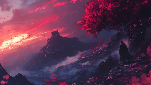 Solitary cloaked figure overlooks distant fortress at sunset