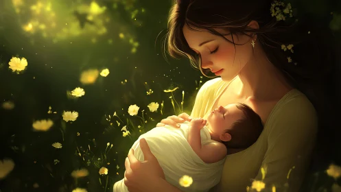 Mother and Child Bathed in Golden Firefly Dreams.