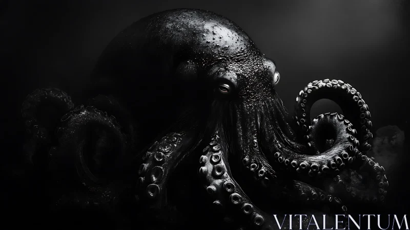 Monochrome octopus emerges from abyssal black water.