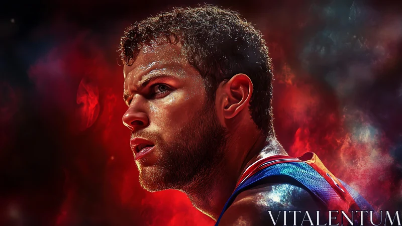 Male basketball player portrait set against fiery red background