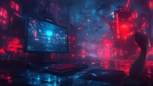 Neon-soaked cyberpunk workstation overlooking holographic city.