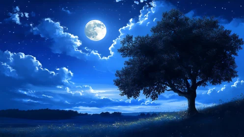 Quiet moonlit tree under a dreamy deep blue night sky.