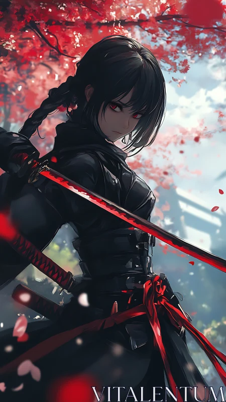 Anime katana assassin under crimson blossom canopy, vertical composition.