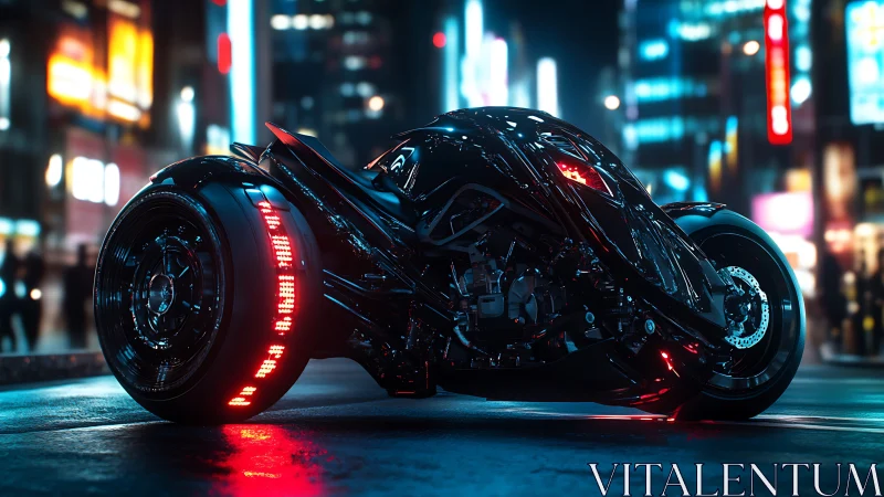 Futuristic three-wheeled motorcycle is parked in neon city