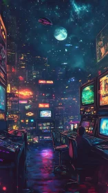 Cyberpunk control deck overlooking neon orbital megacity