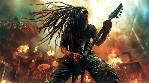 Metal guitarist onstage amid pyrotechnic fire and amplifiers