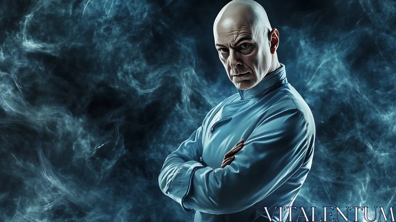 Bald stern man stands in blue coat amid swirling smoke