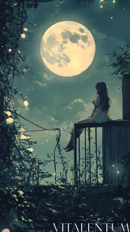 Solitary girl on balcony studies oversized luminous moon