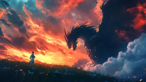 Digital painting of lone figure confronting dragon at sunset sky.
