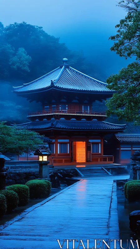 Misty blue hour temple pathway with warm illuminated entrance