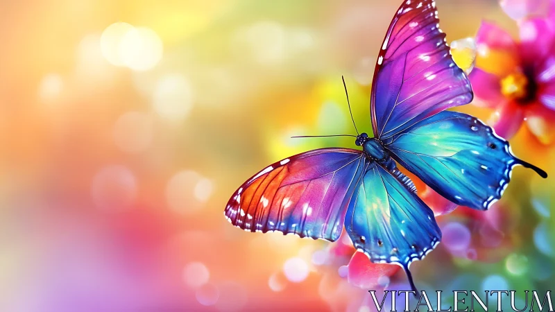 Multicolored butterfly on blurred floral bokeh background.