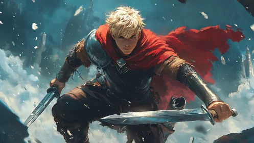 Blond warrior in red cloak charging with dual swords.