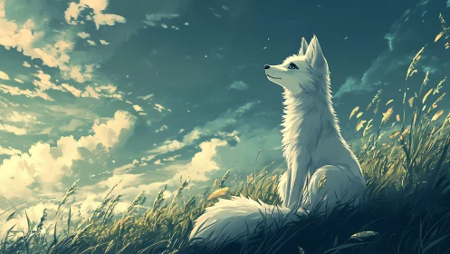 White fox resting on grassy hillside under open sky.