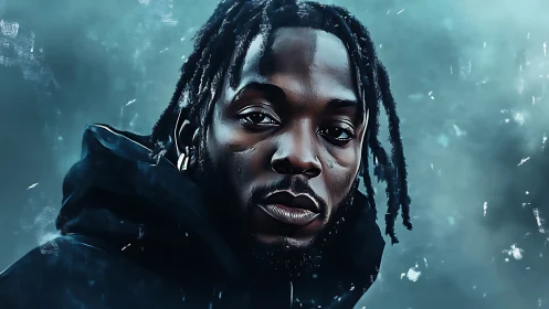 Digital portrait shows man in dark hoodie against teal haze