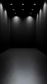 Rectangular dark room shows recessed ceiling spotlights