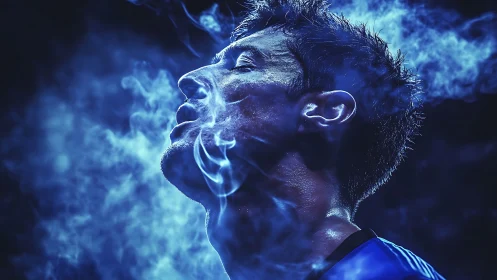 Exhausted athlete exhales blue vapor in dramatic darkness