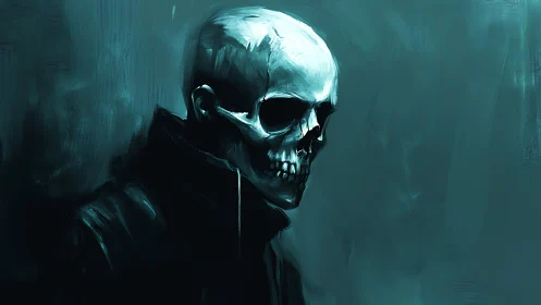 Monochrome teal skull portrait renders stark atmospheric tension