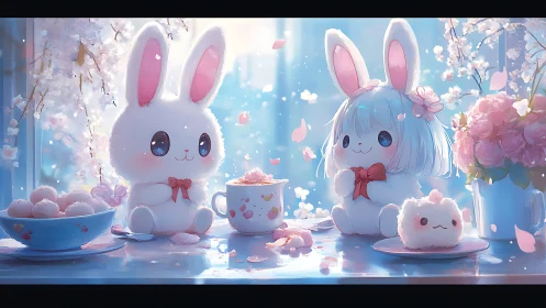 Cartoon rabbits sit at pastel tea table with cherry blossoms