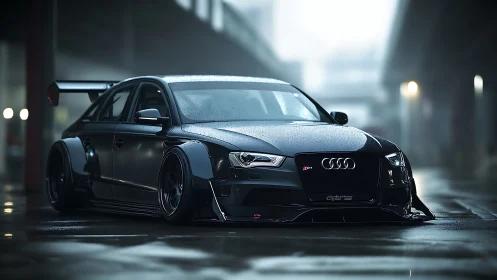 Widebody Audi race car waits in rainy urban pitlane.