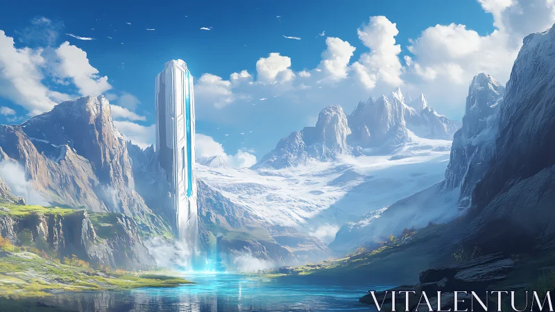 Futuristic vertical structure stands in glacial mountain basin