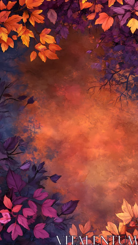 Autumn foliage frame with warm orange textured background.