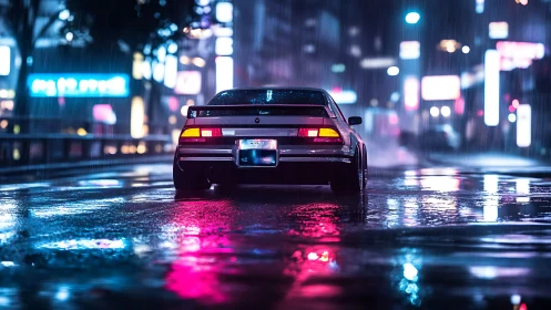 Rear three-quarter tuner coupe in neon-lit rainy city street