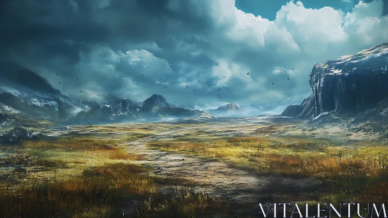 Expansive tundra valley under turbulent cumulonimbus sky system