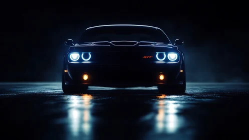 Front-lit muscle car with LED halos on wet night asphalt