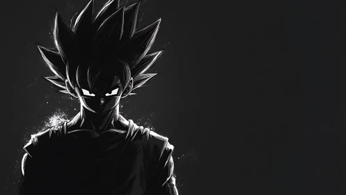 Dark anime warrior emerges from shadows in stark monochrome.